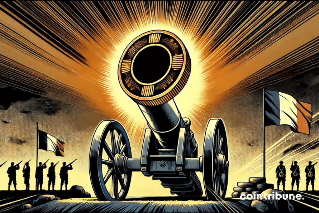 France: the Canon "charge" From an orange room blocks all violence, illustrating the message: money or savings as a defense rather than the weapon itself.