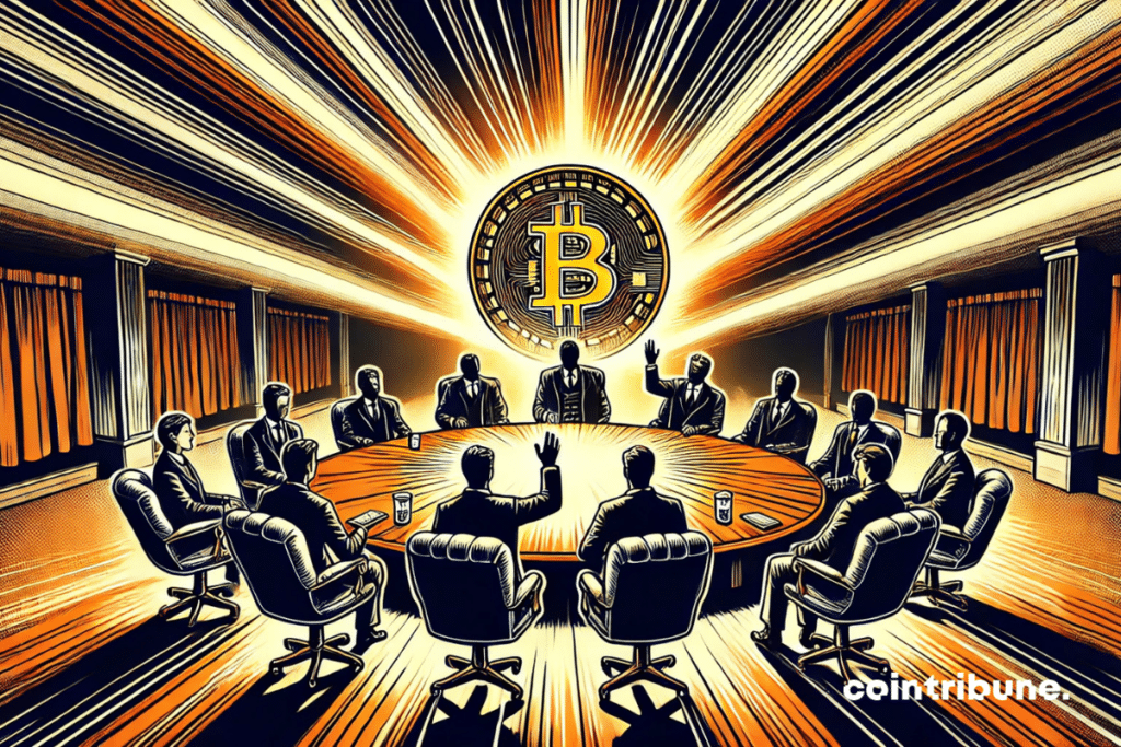 The voting room where the contrast between the tension and the iconic presence of Bitcoin are there to capture all the symbolism of this historic decision of Gamestop.