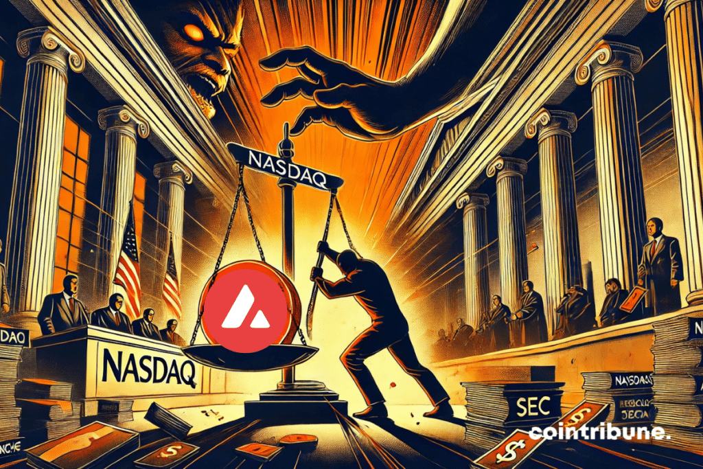 Symbolic scene with a great balance of justice in the center. Nasdaq holding one side of the scale with the avalanche crypto