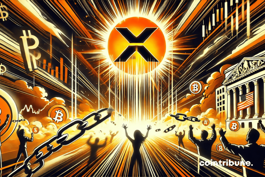The Ripple Crypto XRP flies towards new financial summits after the abandonment of the complaint of the dry, symbolized by bursts of light and broken chains. The financial graph in ascent, jubilant investors and the IPO in the background strengthens the effect of victory and euphoria.