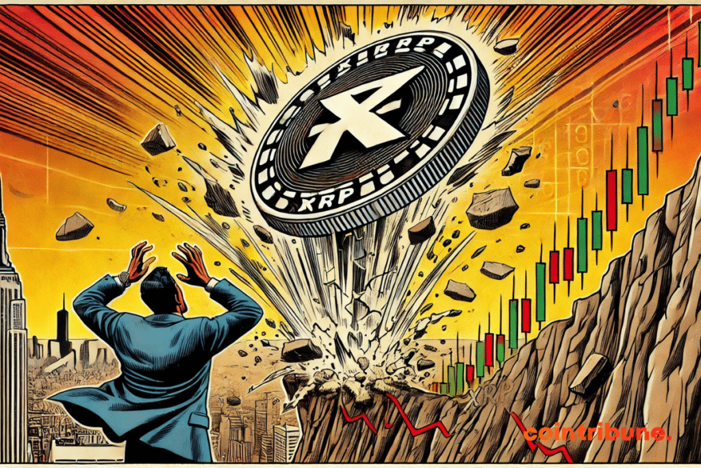 A huge piece of the Crypto XRP plunges into a vacuum, under the eyes of a panicked trader, while a graph in the background displays a strongly downward trend.