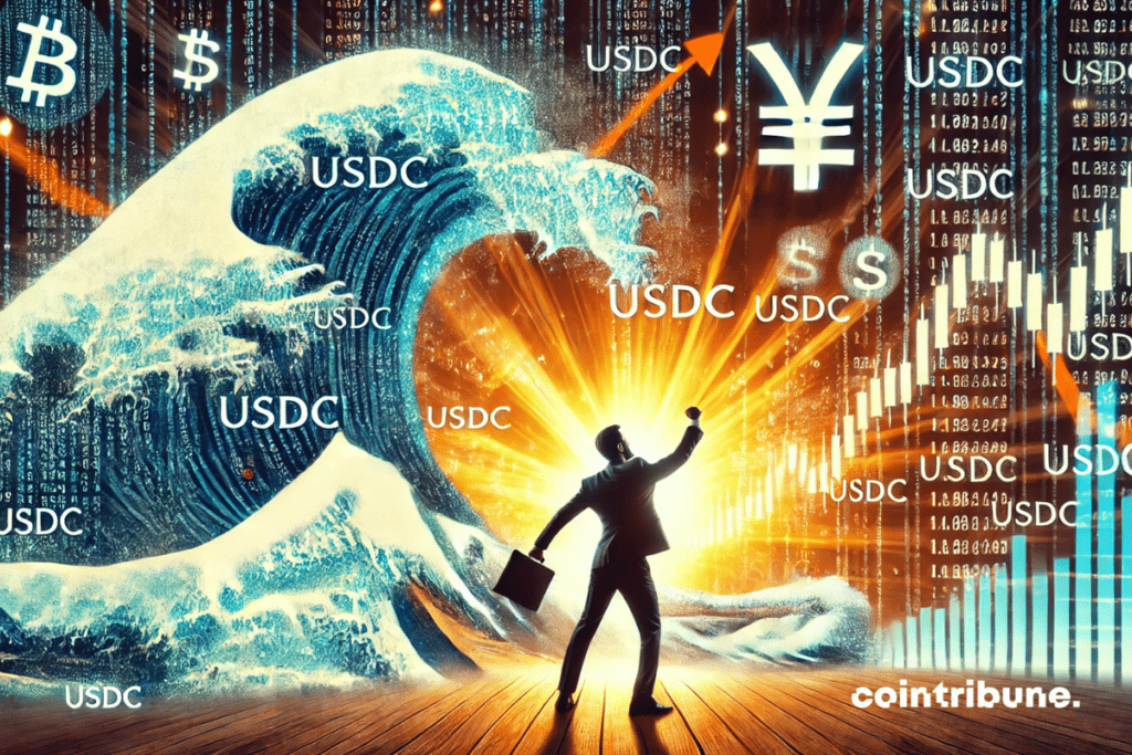 An immense digital wave, formed by code of code and USDC symbols, sweeps on the stage. An investor, raised arms, seems to be carried by this wave, illustrating the boom of the stablecoin.