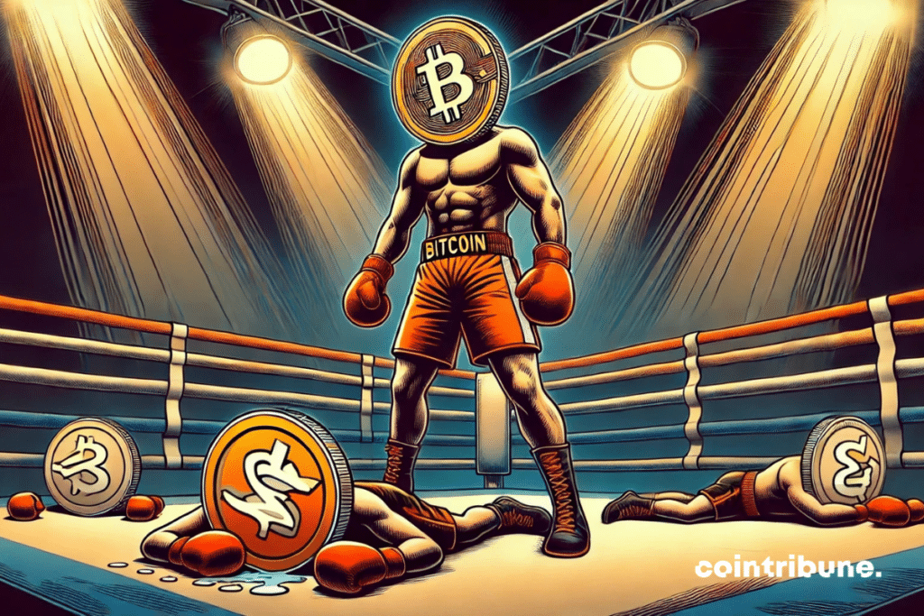 Bitcoin, personified as a muscular boxer with orange gloves, dominates a boxing ring. Altcoins are on the ground, ko.