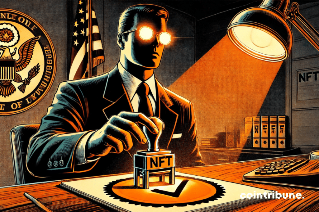 Dark office with direct light office lamp. Imposing silhouette representing crypto of the dry, stampering an NFT