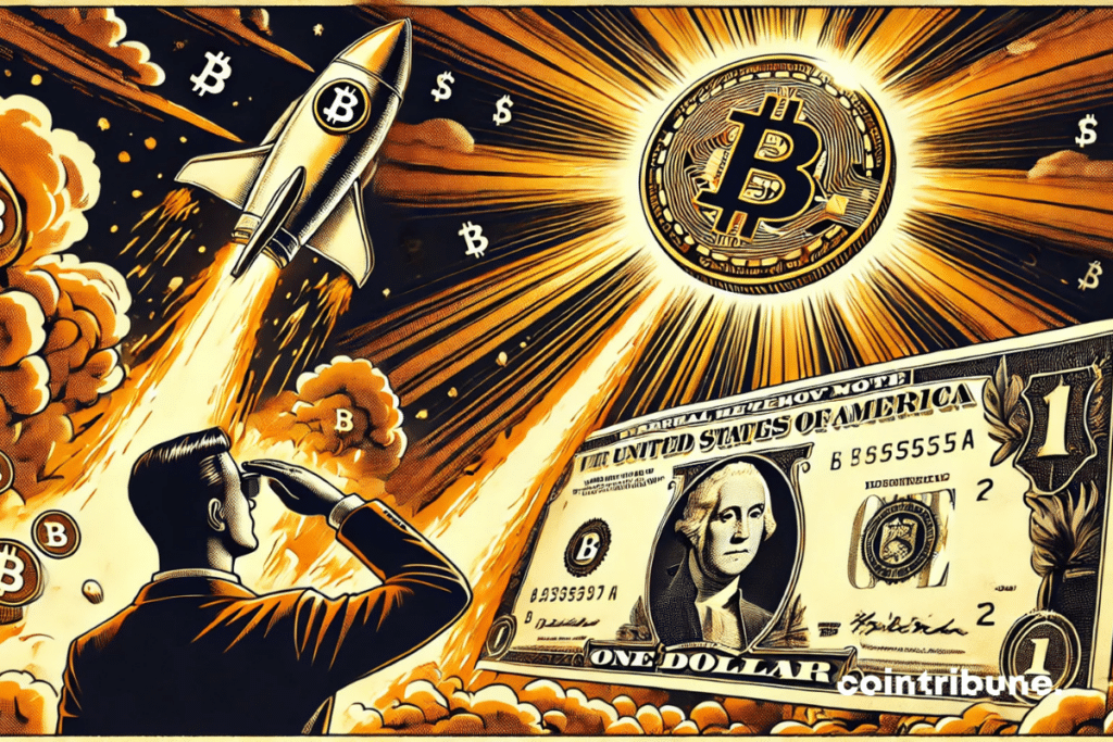 Bitcoin taking off like a rocket while the dollar collapses, capturing the contrast between decline and ascent.
