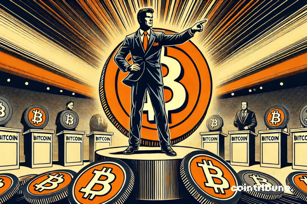An investor standing on a Bitcoin -shaped base, dominating a host of fragmented altcoin parts.