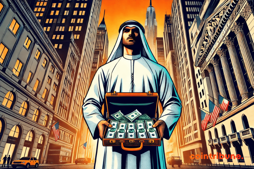 A character dressed in a traditional hold of the United Arab Emirates, standing in the heart of a stylized Wall Street, open suitcase filled with tickets in hand to finance the US economy.
