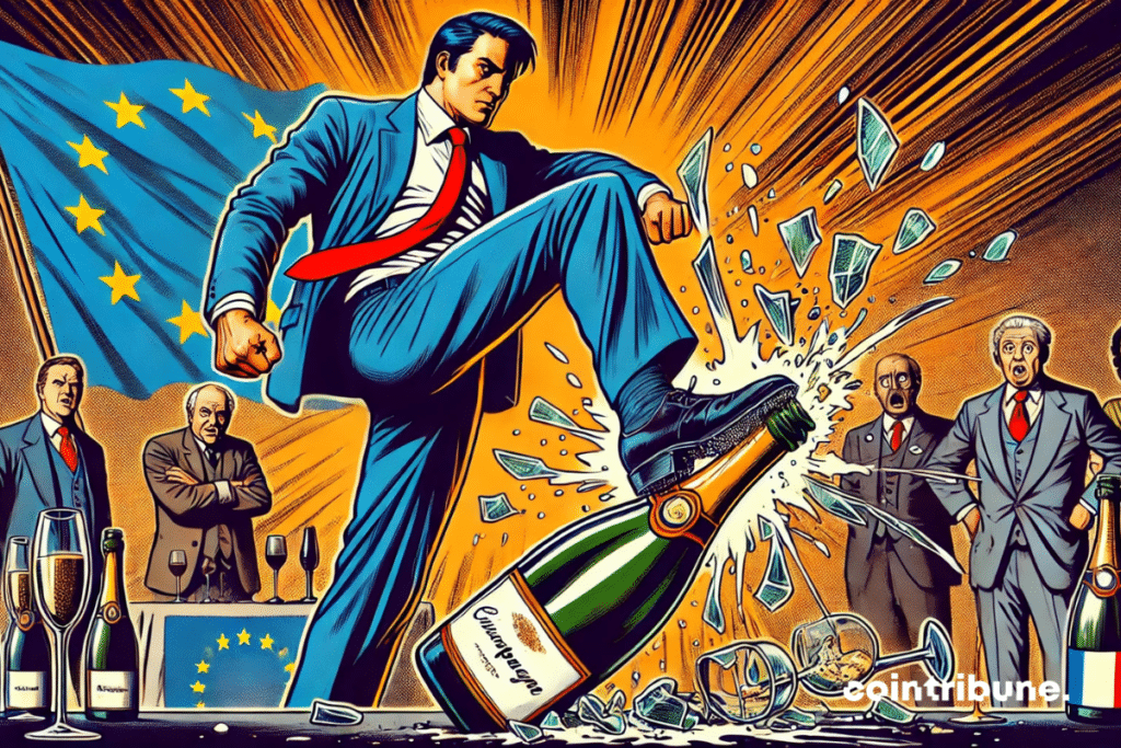 A powerful businessman crushing a bottle of European champagne, symbolizing the economic impact of Trump tax.