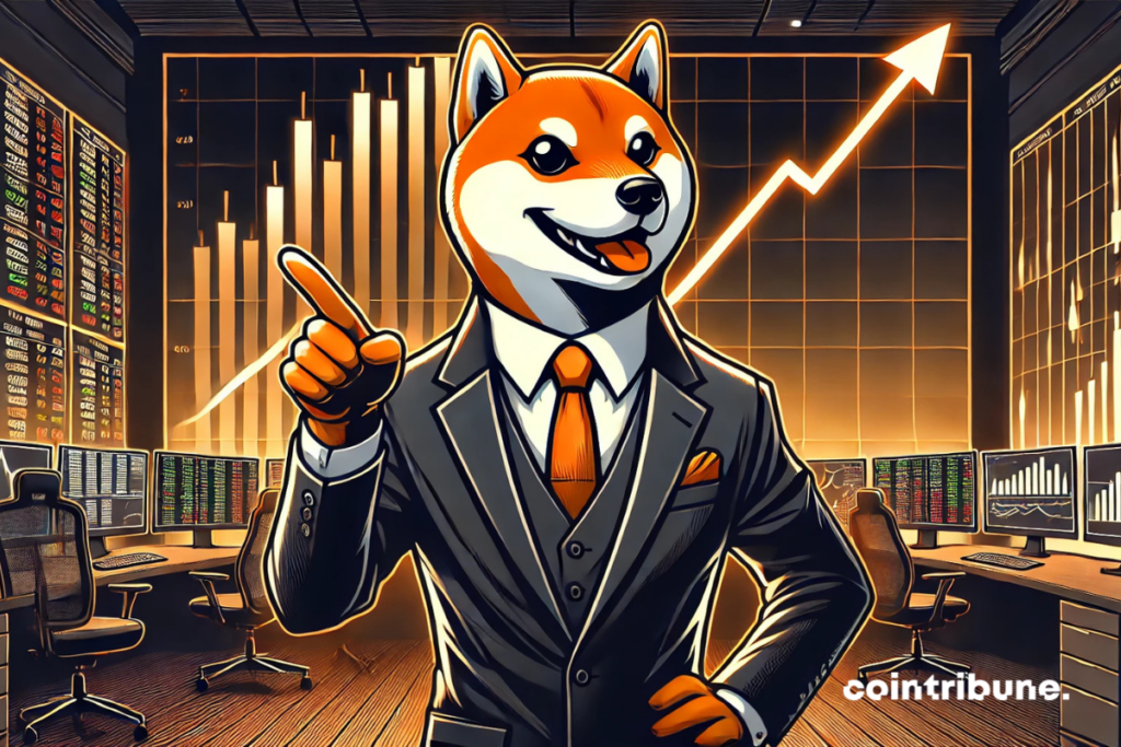 Illustration of a visionary shiba in costume, pointing to a crypto graphic.