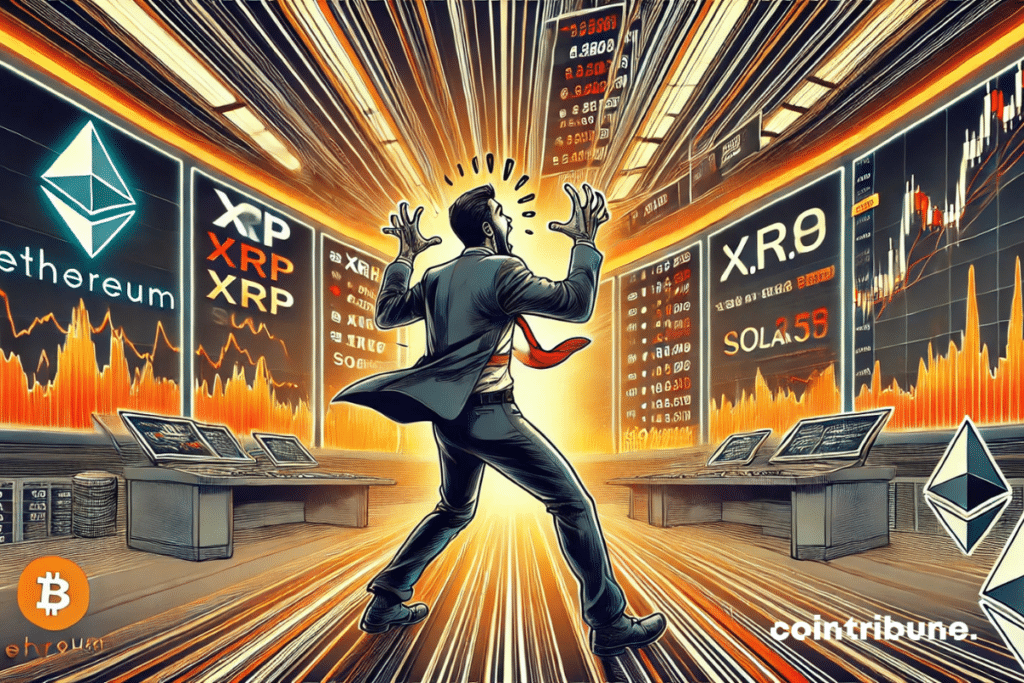 A panicked trader observes a screen where cryptos courses fall.
