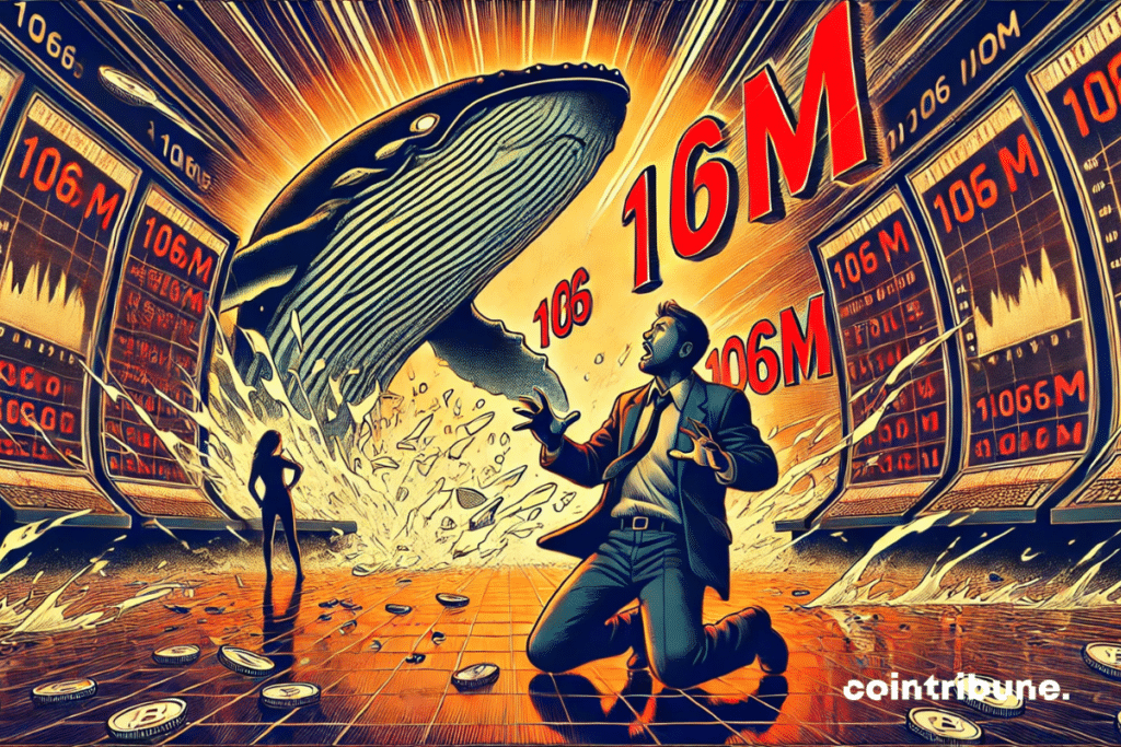 Illustration of a panicked trader, kneeling in front of a broken screen displaying "106m"