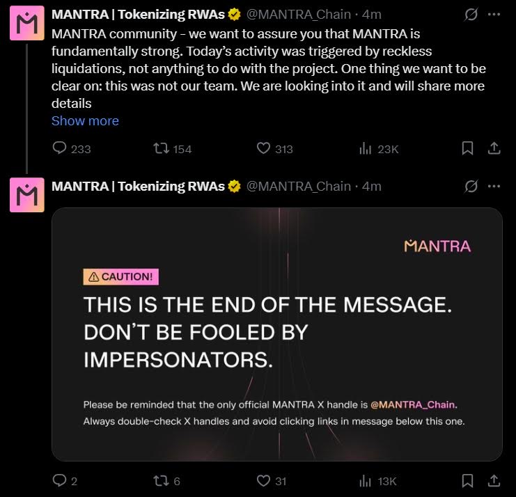 In an official press release, Mantra denies any direct involvement and attributes the OM crash to reckless liquidations on the markets. The team promises to provide more information in the coming days.