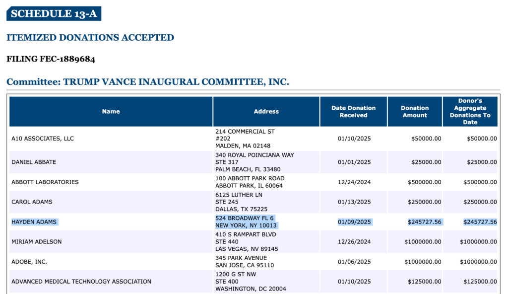 Don de Hayden Adams (CEO of United Uniswap) to the Trump-Vance fund on January 9-Source: FEC