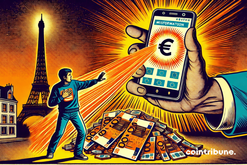 The giant smartphone projecting a ray threatening on euros, while a French citizen intervenes what symbolizes the announcement of the end of cash in France replaced by the digital euro via a false video Tiktok.