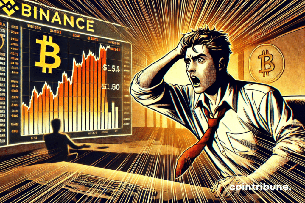 A crypto trader in front of an explosive bitcoin graphic