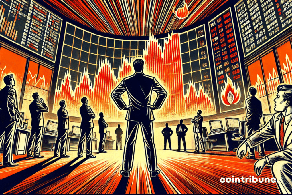 Géant market hall screen, view in a counterattack. An analyst arm crossed in front of the screen. Silhouettes of frozen altcoins traders, amazed.