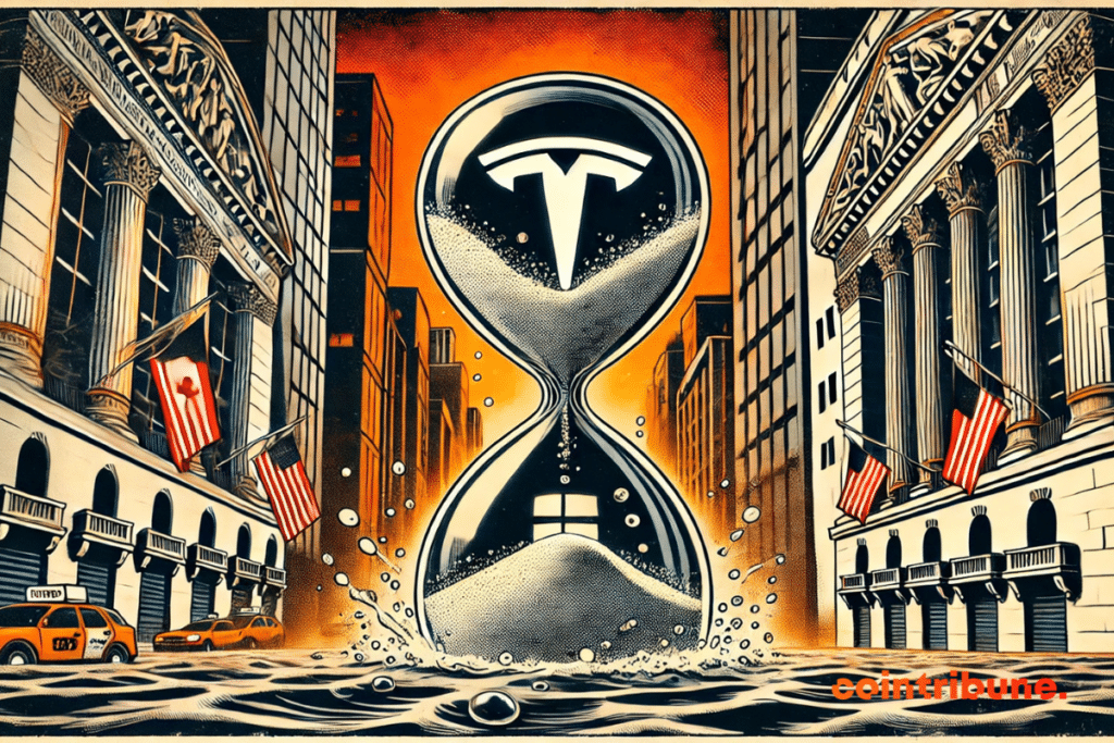 Giant hourglass on a flooded road of Wall Sreet in which are logos of Tesla and Alphabet