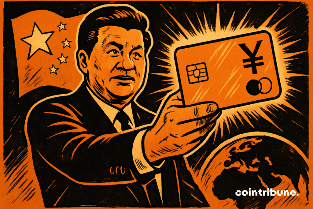 A leader of China in modern costume, set stretched forward, holding a light payment card which symbolizes the promotion of the Payment System specific to the BRICS.