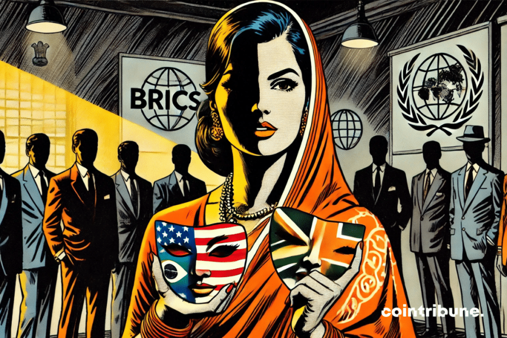 Woman symbolizing India Member of the BRICS Alliance, dressed in a sari decorated with stylized traditional patterns, in orange and white. She embodies calm, intelligence and ambiguity.
