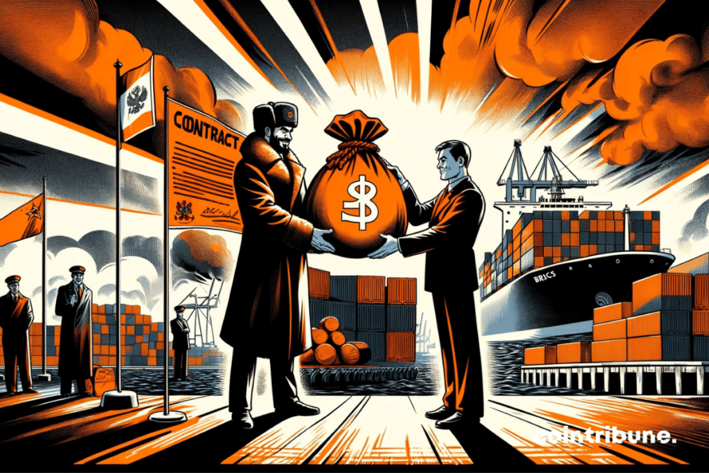 Russia, member of the BRICS, in its role as a strategic negotiator, dominating its industrial port with insurance. The exchange in rubles is highlighted with power and symbolism.