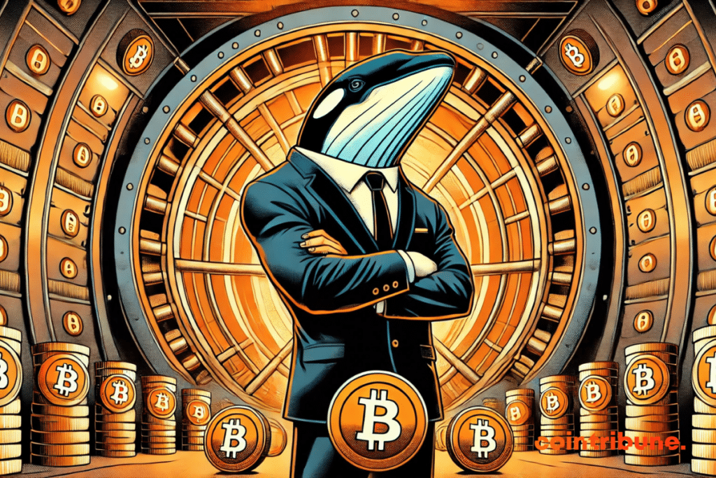 An anthropomorphic whale observes its bitcoin pieces in a giant safe.