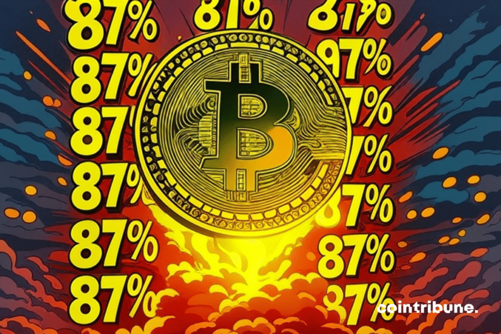Bitcoin piece surrounded by figures 87 %