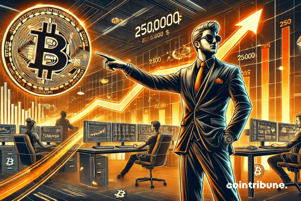 Arthur Hayes in a futuristic office with a giant bitcoin rising to $ 250,000