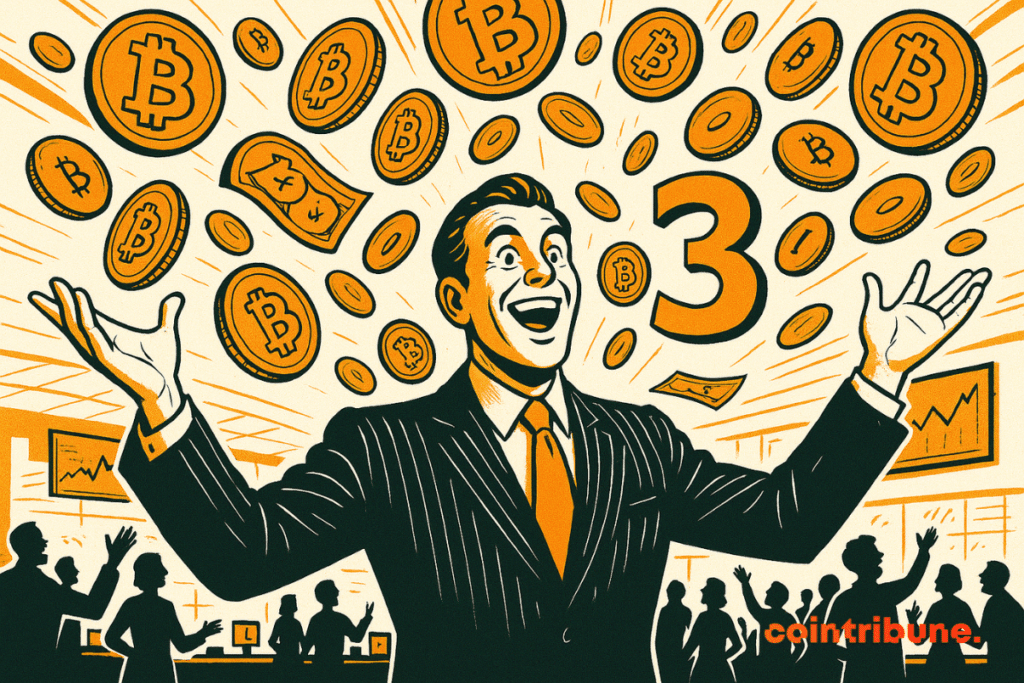 A smiling businessman in famous costume, surrounded by Bitcoin pieces and a large figure 3.