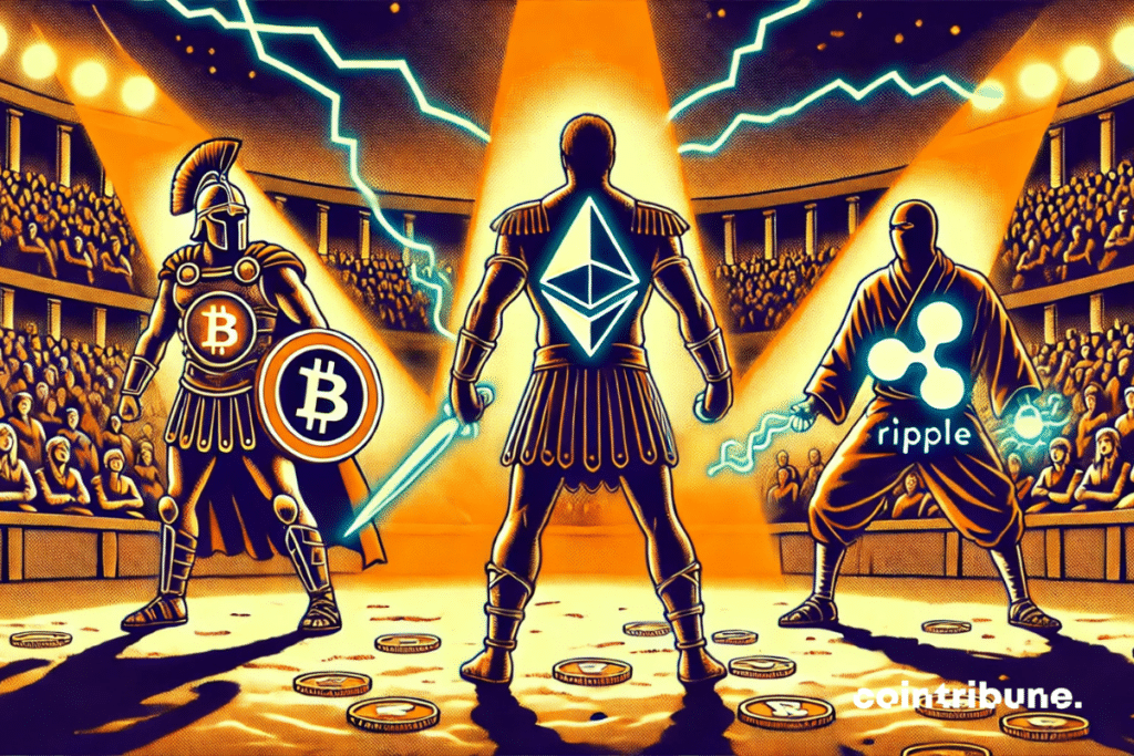 Three emblematic avatars of Bitcoin, Ethereum and Ripple clash in an arena.