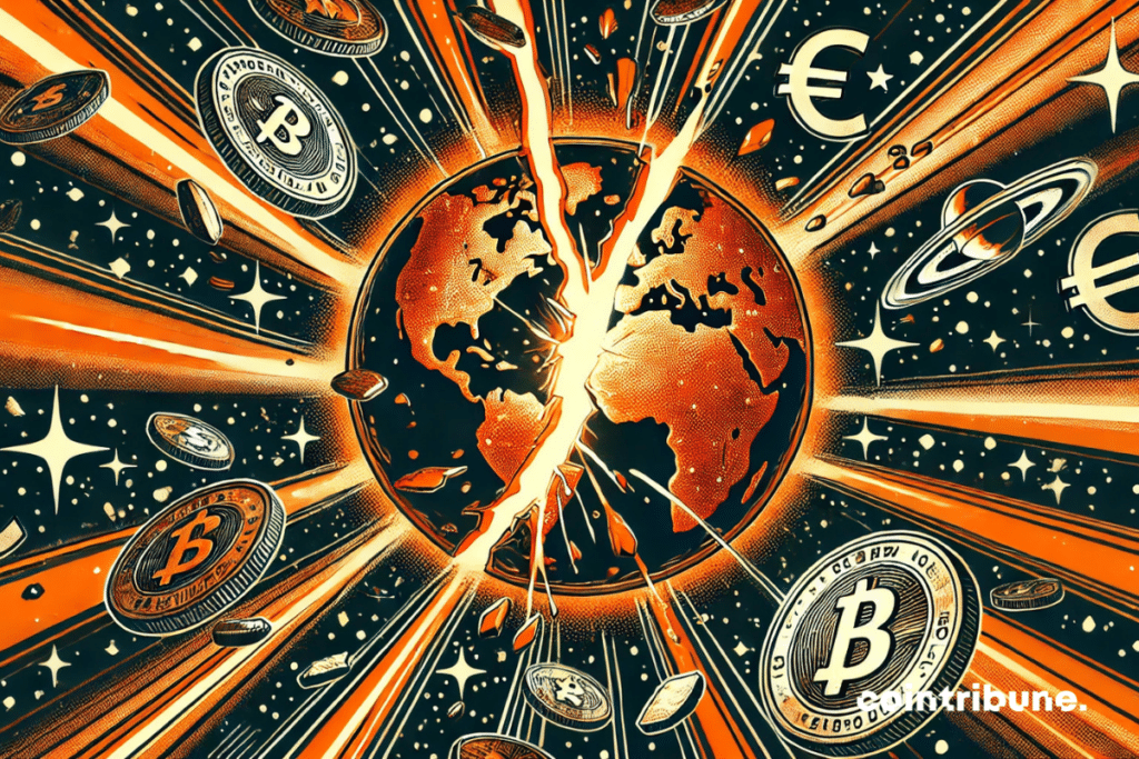 A giant a quarter of a dollar, stylized like the planet Earth floating in space, seen from bias. A bright orange crack crosses it, evoking a global monetary collapse. Around it floats ones and dislocated economic symbols (€ ¥ ₿), in a deep black emptiness punctuated by white stars. The energetic drawing and the orange, black and white palette recall the dramatic intensity of the comics of the 1970s.
