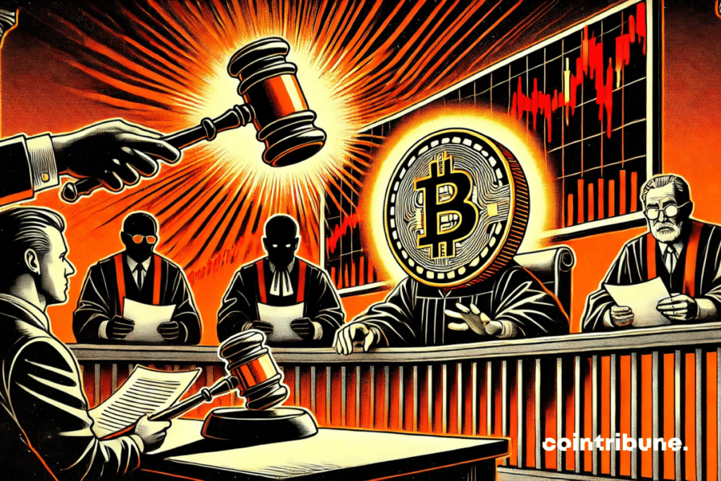 Illustration of a bitcoin sitting on the accused's bench, visibly overwhelmed ...