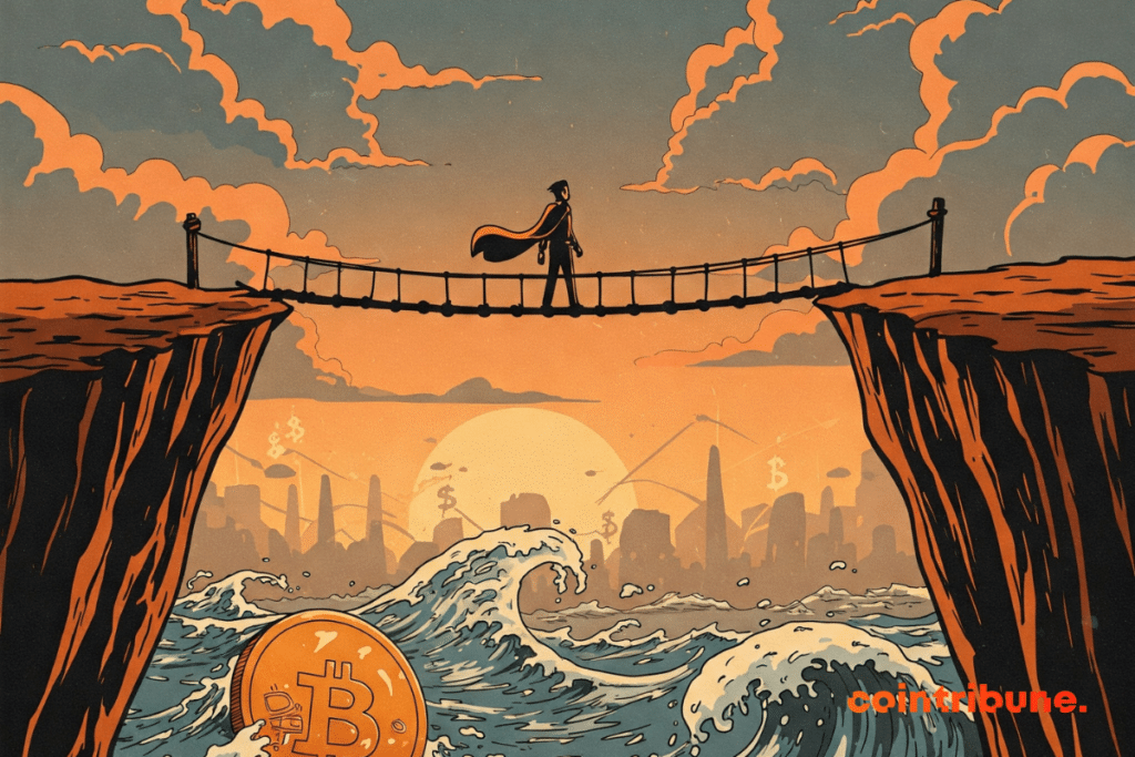 A trader standing on a footbridge suspended between two cliffs, symbolizing uncertainty. Below, stylized digital waves evoking the cryptocurrency market, with visual fragments of the Bitcoin logo integrated subtly.