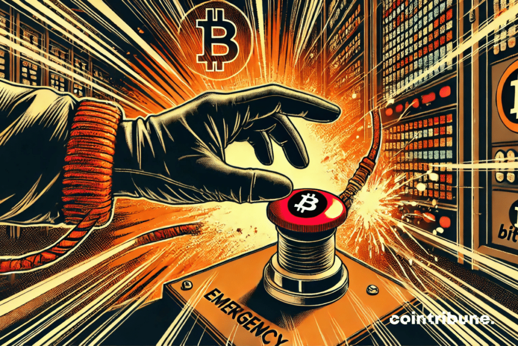 An anonymous hand pressing the red button: the marked cable ₿ (Bitcoin) melts in a frizzy for sparks.