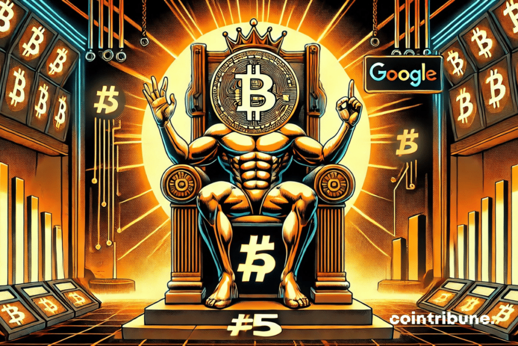 Anthropomorphic bitcoin seated on a throne