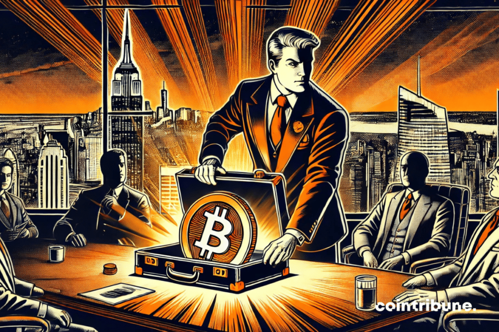Glass meeting room in height, view of Manhattan at night. Slightly plunged angle, giving a feeling of magnitude and height gain. An American CEO, leaning towards an open case placed on the table, in which there is a giant bitcoin piece