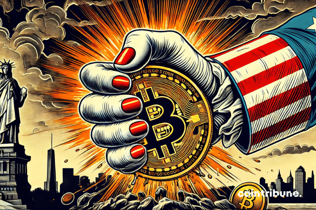 A giant hand dressed in the emblematic striped sleeve of the uncle Sam crushes a cracked bitcoin,