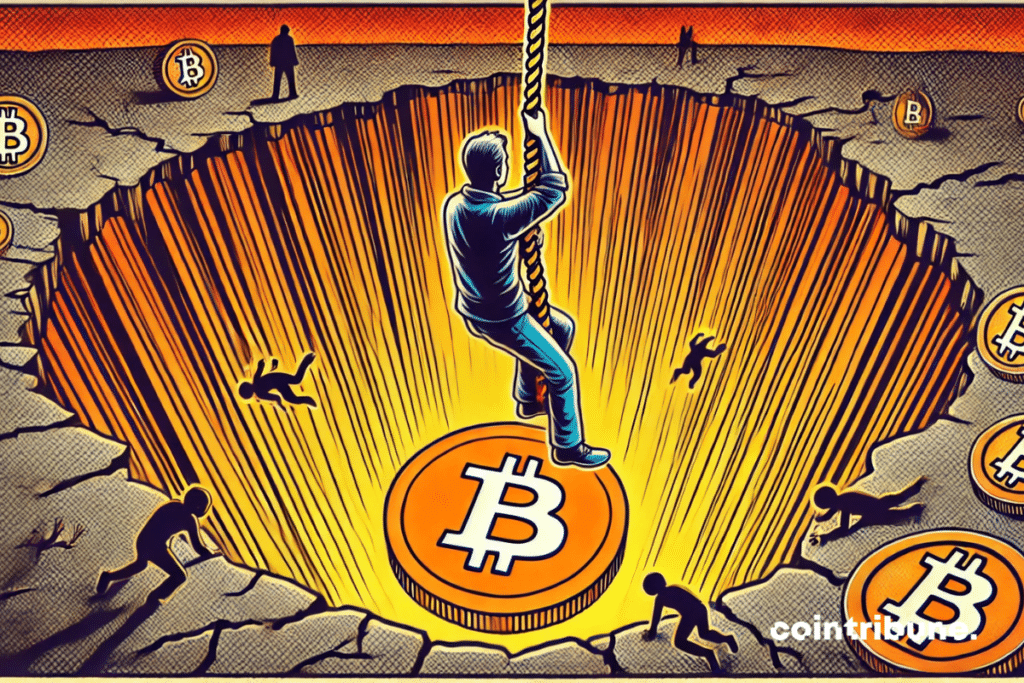 An investor with a civilian look in a squatting position, holding in his hands a cracked bitcoin that shines in orange. Determined look.