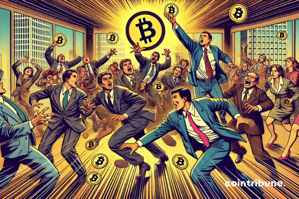 Illustration of companies that are jostling to get Bitcoin.