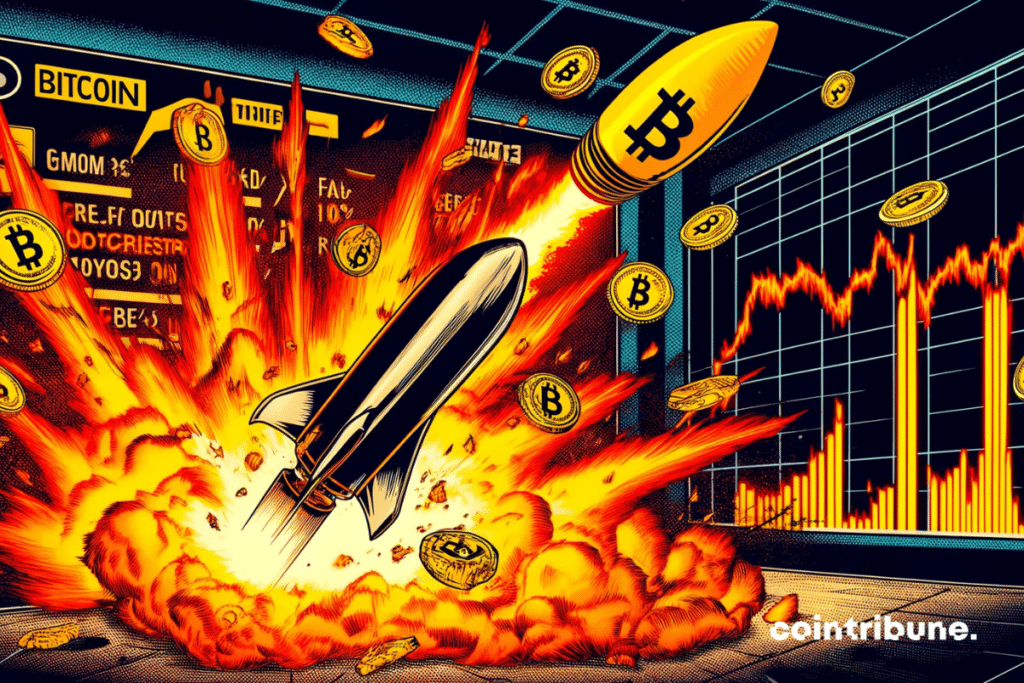 Scene of explosion and rise of a bitcoin rocket