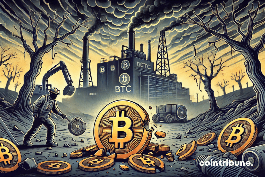 An outdoor landscape showing a bitcoin mining plant in the background, with dead trees or devastated elements in the decor. A combination minor, head down, observing a broken or stopping mining machine.