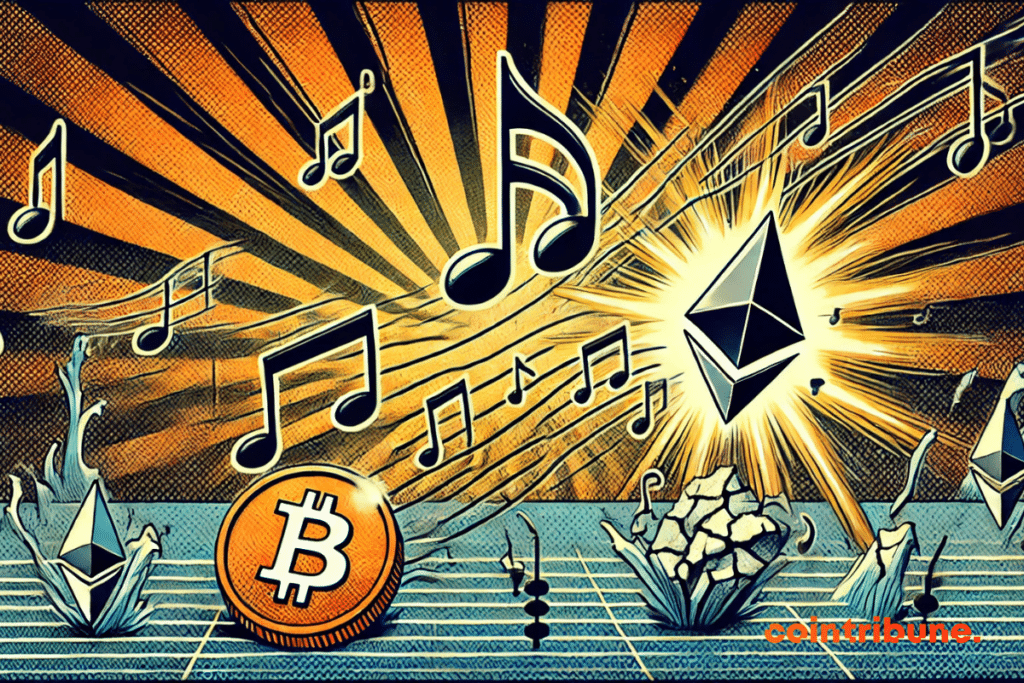 Bitcoin, ethereum and musical notes