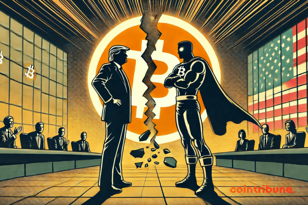 Illustration of Trump's meeting with Bukele, and a broken logo of Bitcoin