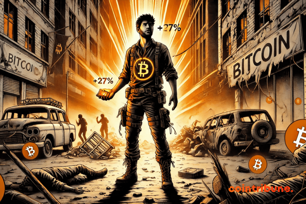 A lonely survivor stands in the ruins of a collapsed city, brandishing a Bitcoin portfolio displaying +27%.