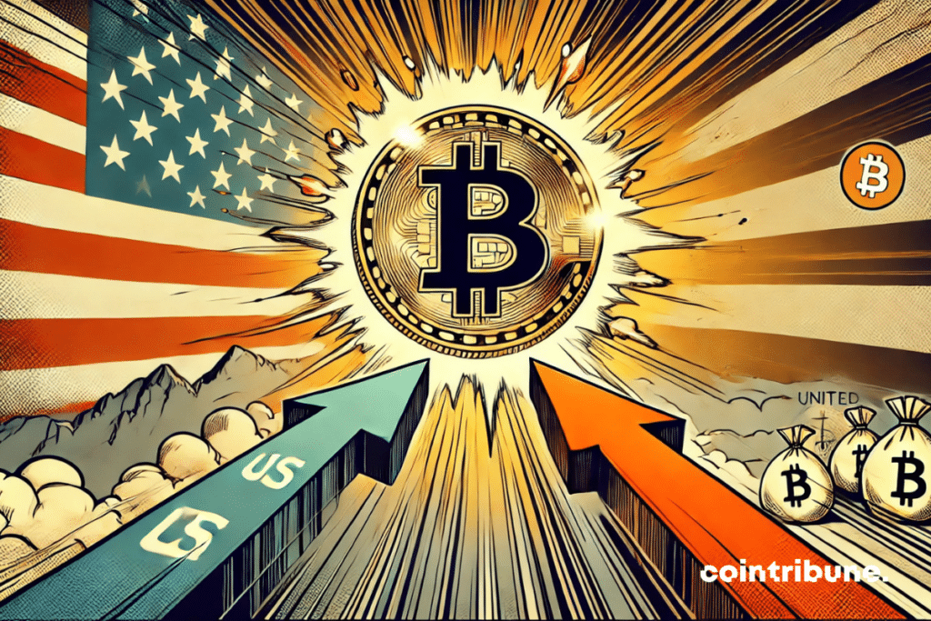 Bitcoin going up vectors with the American flag as a background