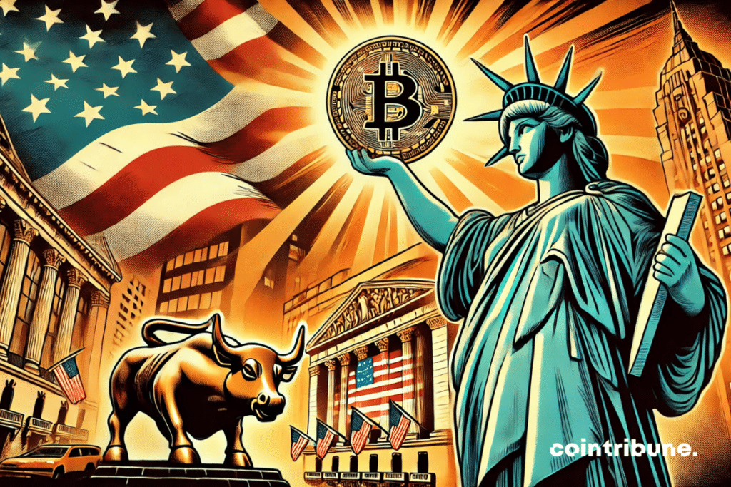 The United States, symbolized by the statue of freedom, embrace bitcoin