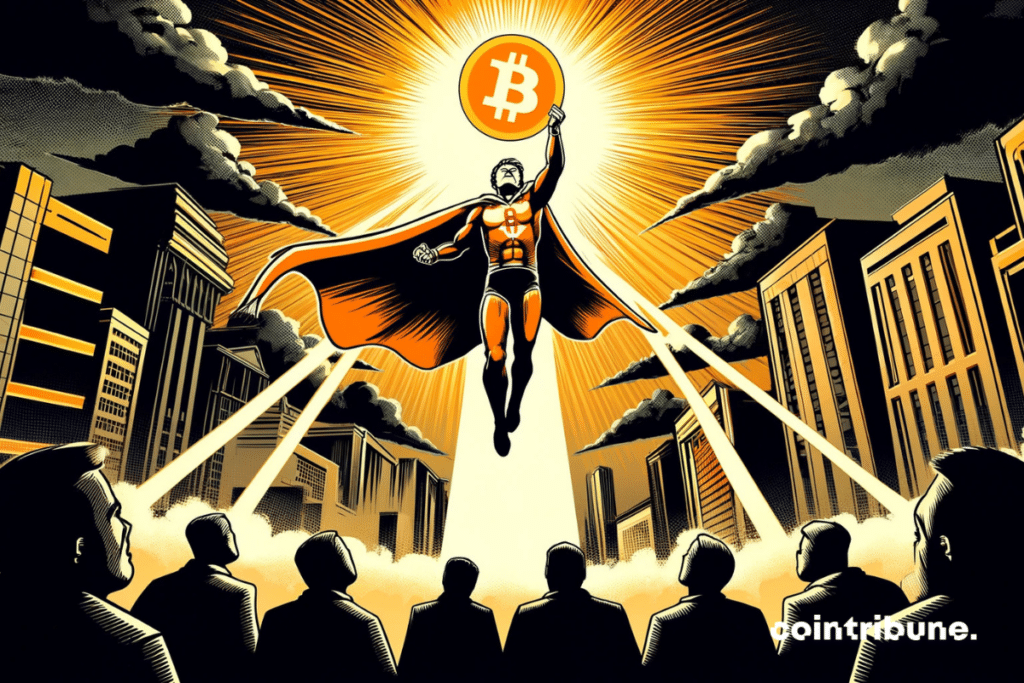 The image shows a stylized hero representing Bitcoin rushing into a stormy sky, holding an incandescent symbol above him.