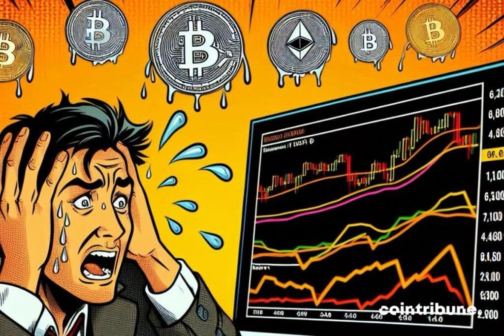 A sweaty crypto investor in front of an instructor displaying the Bitcoin, Ethereum and Ripple curves.