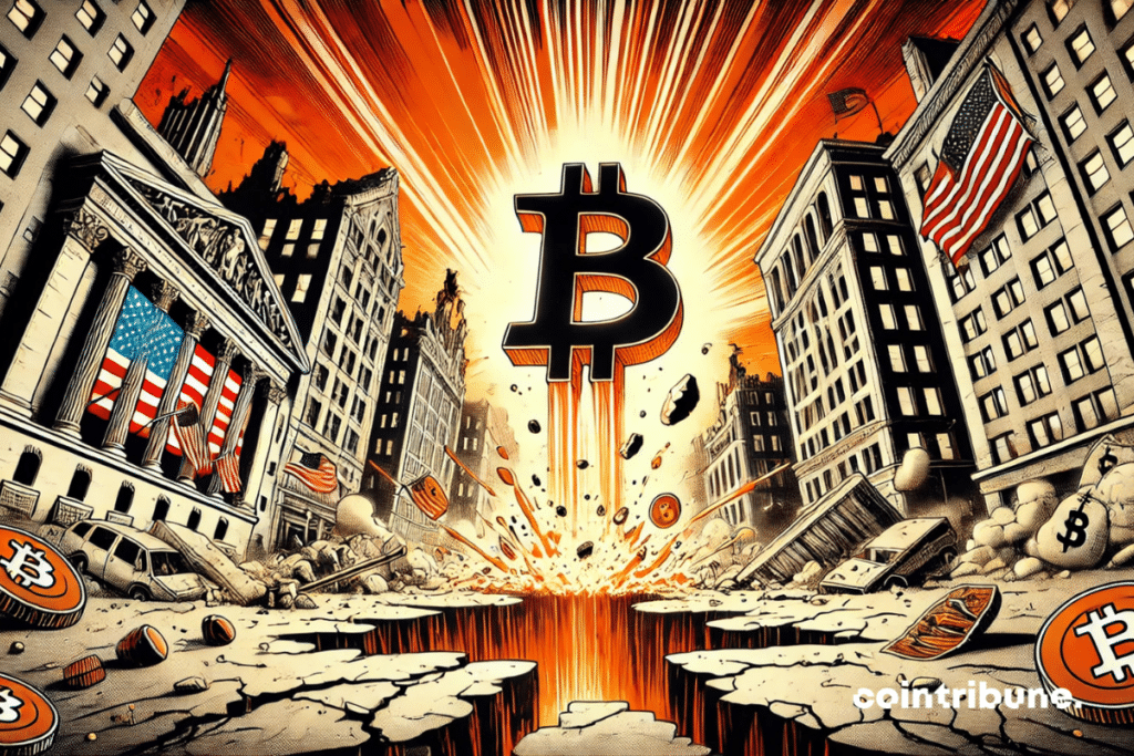 In an apocalyptic scene stylized like comics of the 70s, a huge bitcoin logo emerges from the cracked ground, radiating an intense orange light. Around him, ruined financial buildings collapse, symbols of an economic world in crisis. On the left, a torn American flag floats on a broken mast; On the right, a Chinese flag in tatters echoes him. In the distance, a cargo plane falls in a tormented sky. The strong contrast between black shadows and luminous lightning accentuates the idea of ​​a triumphant bitcoin in the middle of world chaos.