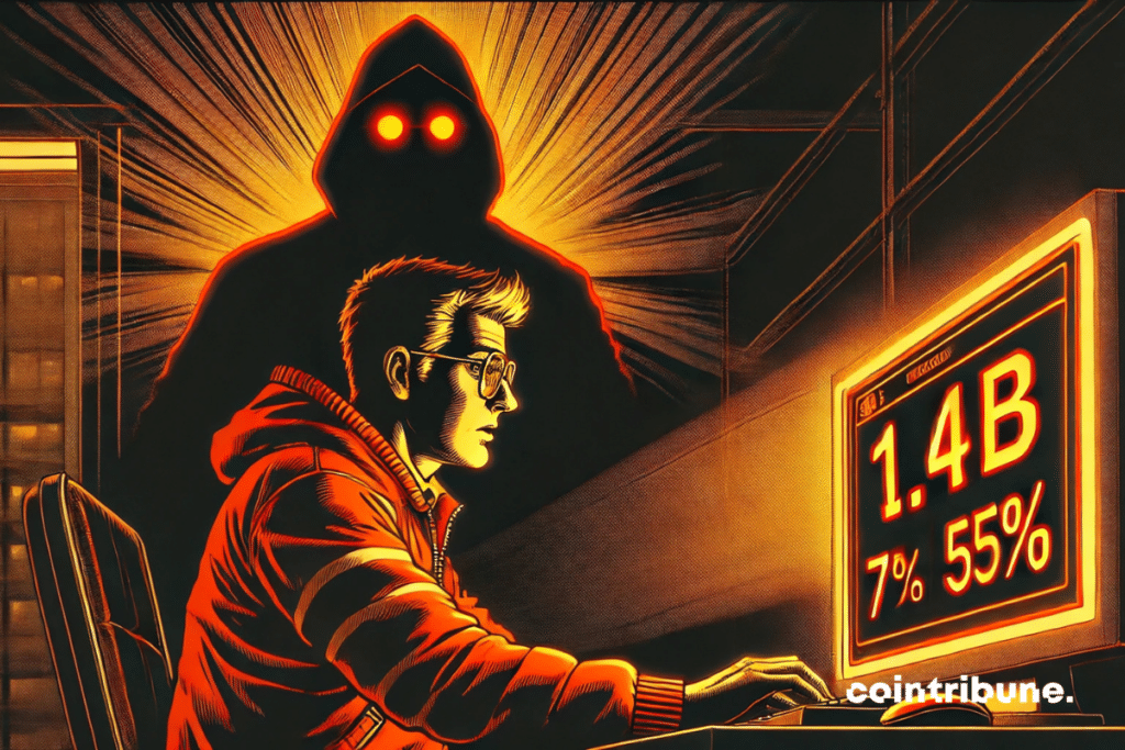 Plan tight on a desk enlightened by a single screen. Bybit engineer in an orange crypto security jacket, with a relieved look