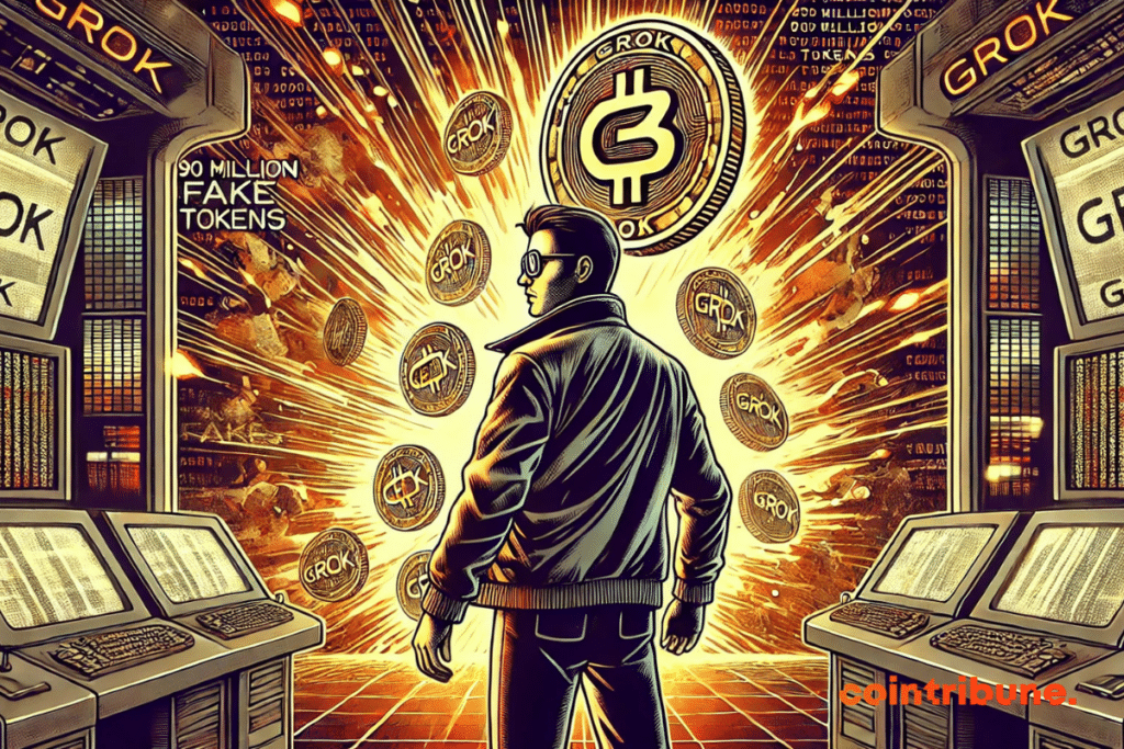 Illustration of CZ Assistant to an explosion of false Cryptos Grok